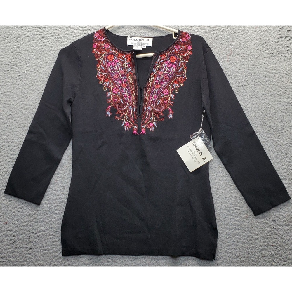 Joseph A. Blouse Top Womens Petite M Black Knit Floral Embroidered Long Sleeve